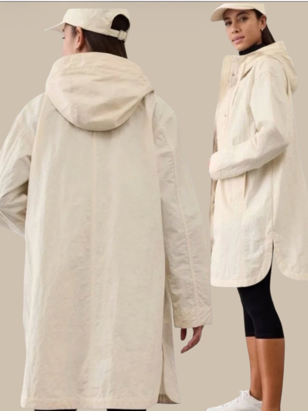 Athleta Cream Hooded Trench-Style Raincoat